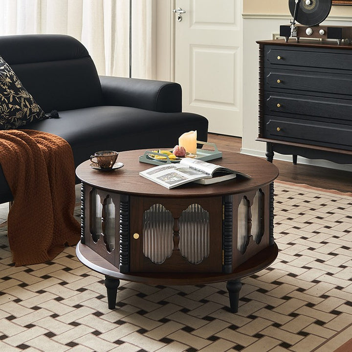 Table basse de rangement traditionnelle française ronde en bois de frêne massif, panneau en bois massif multicouche, pour salon 