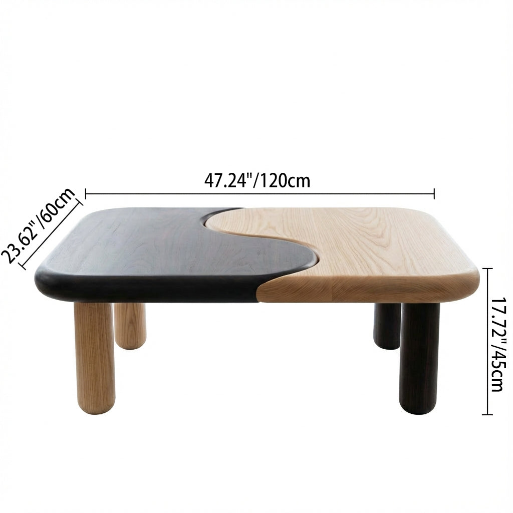 Traditional Japanese Rectangular Solid Ash Wood Two-Tone Tai Chi Coffee Table For Living Room