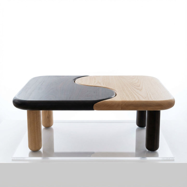 Traditional Japanese Rectangular Solid Ash Wood Two-Tone Tai Chi Coffee Table For Living Room