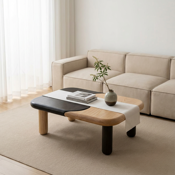 Traditional Japanese Rectangular Solid Ash Wood Two-Tone Tai Chi Coffee Table For Living Room