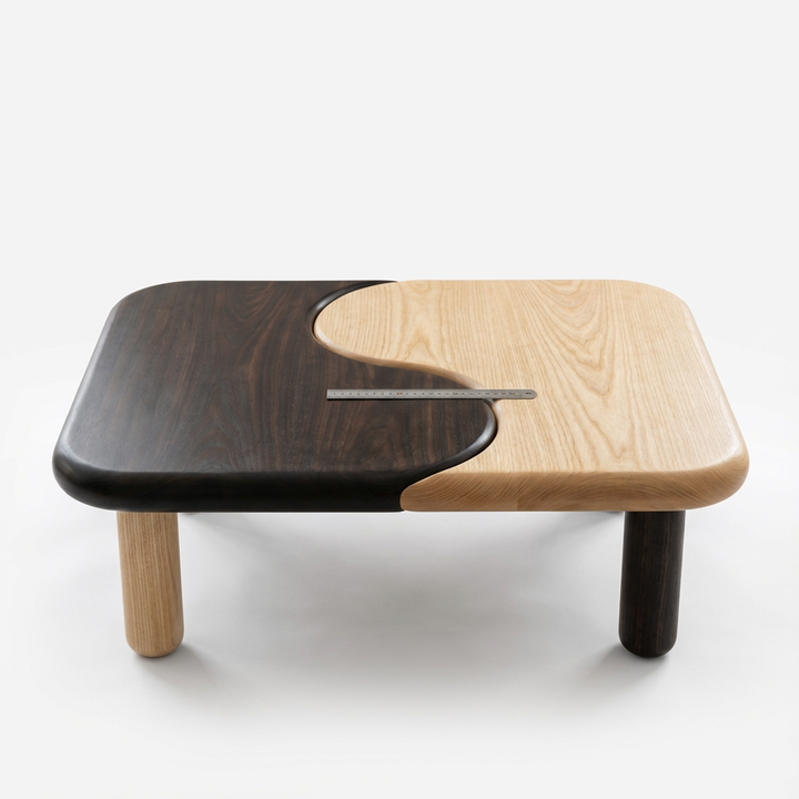 Traditional Japanese Rectangular Solid Ash Wood Two-Tone Tai Chi Coffee Table For Living Room
