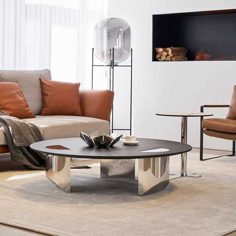 Mesa de centro moderna de lujo redonda de panel de madera maciza de varias capas de acero inoxidable para sala de estar 