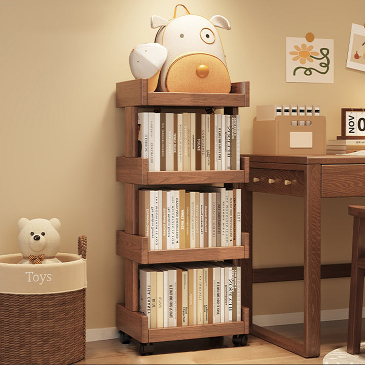 Traditional Vintage Rectangular Rubberwood Solid Wood Movable Bookshelf 2/3/4-Tier For Living Room