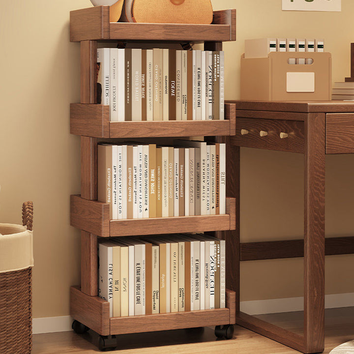 Traditional Vintage Rectangular Rubberwood Solid Wood Movable Bookshelf 2/3/4-Tier For Living Room