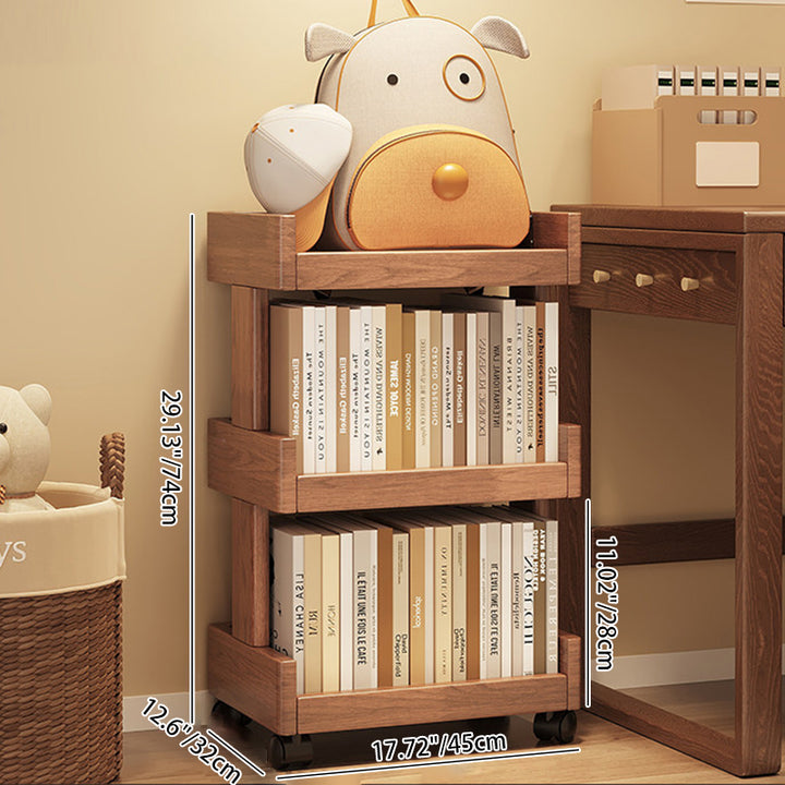 Traditional Vintage Rectangular Rubberwood Solid Wood Movable Bookshelf 2/3/4-Tier For Living Room