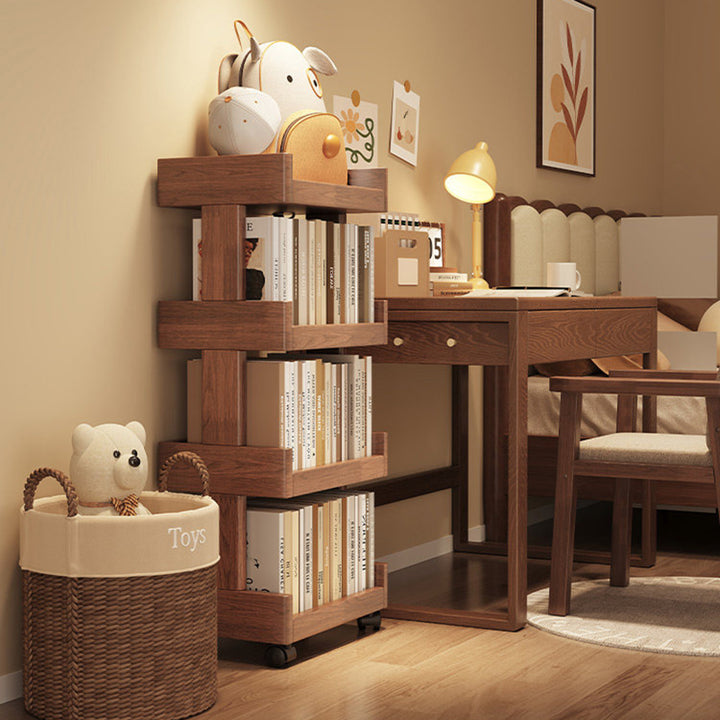 Traditional Vintage Rectangular Rubberwood Solid Wood Movable Bookshelf 2/3/4-Tier For Living Room