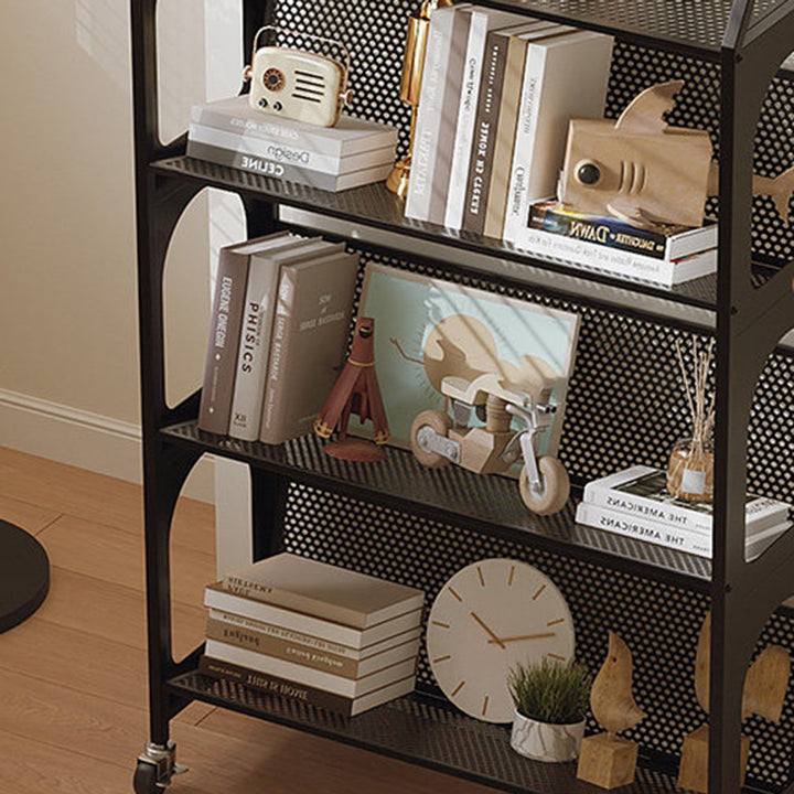 Contemporary Scandinavian Rectangular Carbon Steel Movable Storage Bookshelf 4-Tier For Living Room