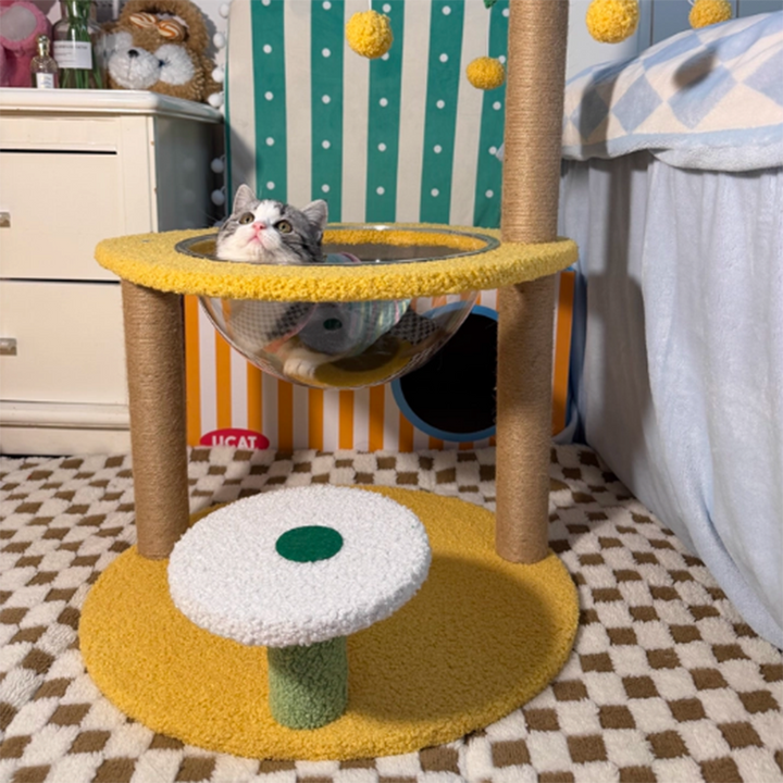Árbol para gatos contemporáneo de fibra de densidad media redonda creativa de tela de terciopelo y sisal de árbol de coco para sala de estar 