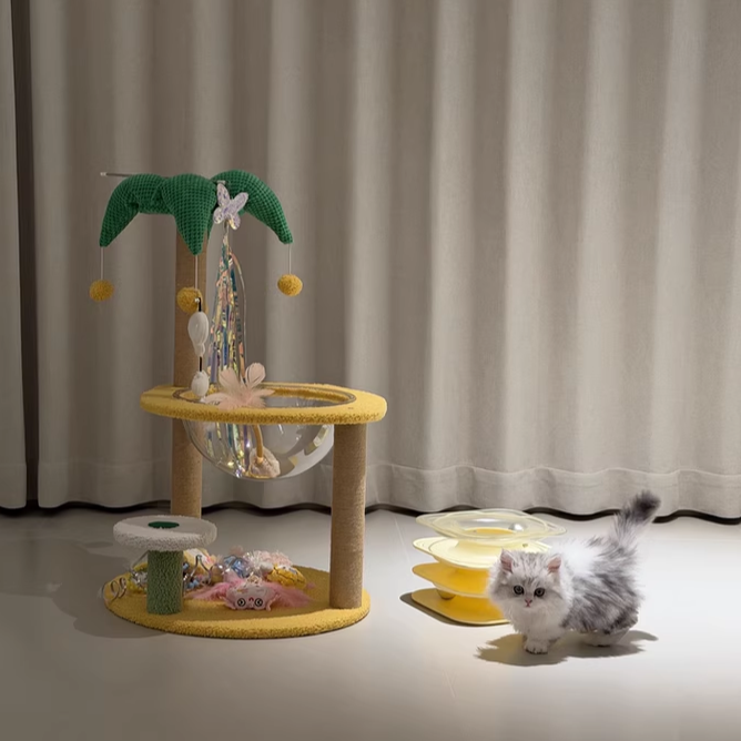Árbol para gatos contemporáneo de fibra de densidad media redonda creativa de tela de terciopelo y sisal de árbol de coco para sala de estar 