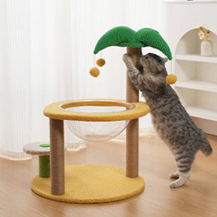 Árbol para gatos contemporáneo de fibra de densidad media redonda creativa de tela de terciopelo y sisal de árbol de coco para sala de estar 