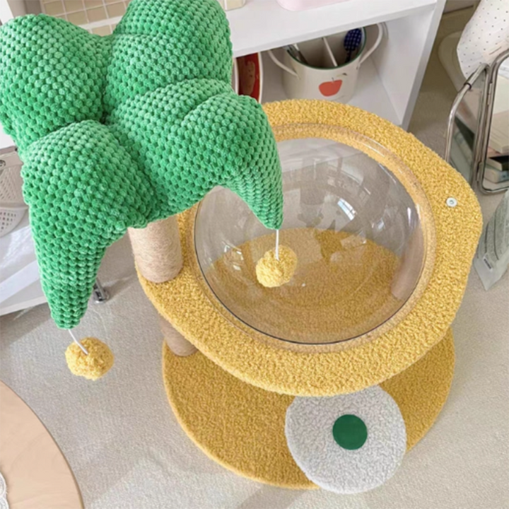 Árbol para gatos contemporáneo de fibra de densidad media redonda creativa de tela de terciopelo y sisal de árbol de coco para sala de estar 