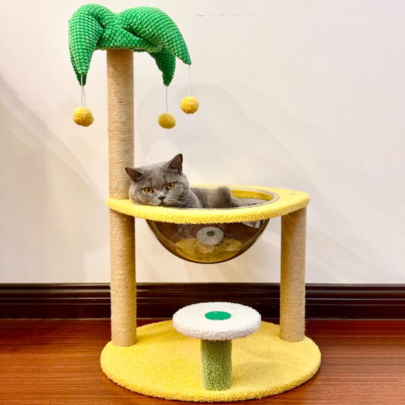 Árbol para gatos contemporáneo de fibra de densidad media redonda creativa de tela de terciopelo y sisal de árbol de coco para sala de estar 