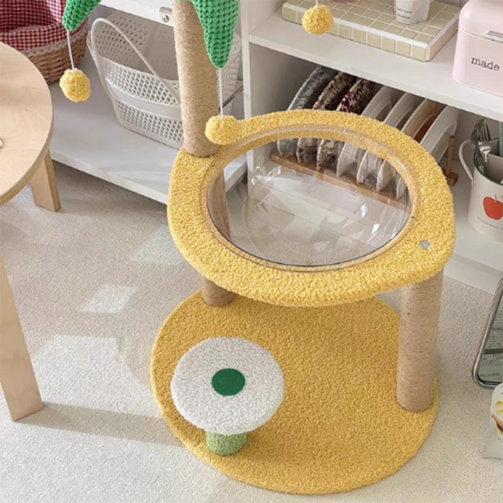 Árbol para gatos contemporáneo de fibra de densidad media redonda creativa de tela de terciopelo y sisal de árbol de coco para sala de estar 