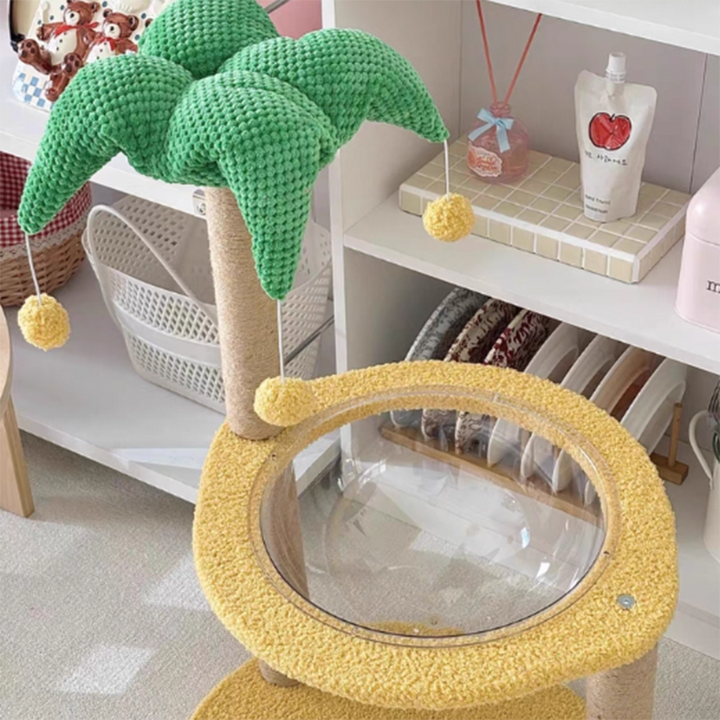 Árbol para gatos contemporáneo de fibra de densidad media redonda creativa de tela de terciopelo y sisal de árbol de coco para sala de estar 