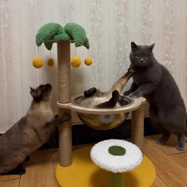 Árbol para gatos contemporáneo de fibra de densidad media redonda creativa de tela de terciopelo y sisal de árbol de coco para sala de estar 