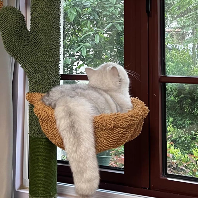 Árbol para gatos contemporáneo de partículas rectangulares de tela de terciopelo y tubo de papel de sisal con forma de cactus para sala de estar 