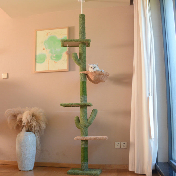 Árbol para gatos contemporáneo de partículas rectangulares de tela de terciopelo y tubo de papel de sisal con forma de cactus para sala de estar 