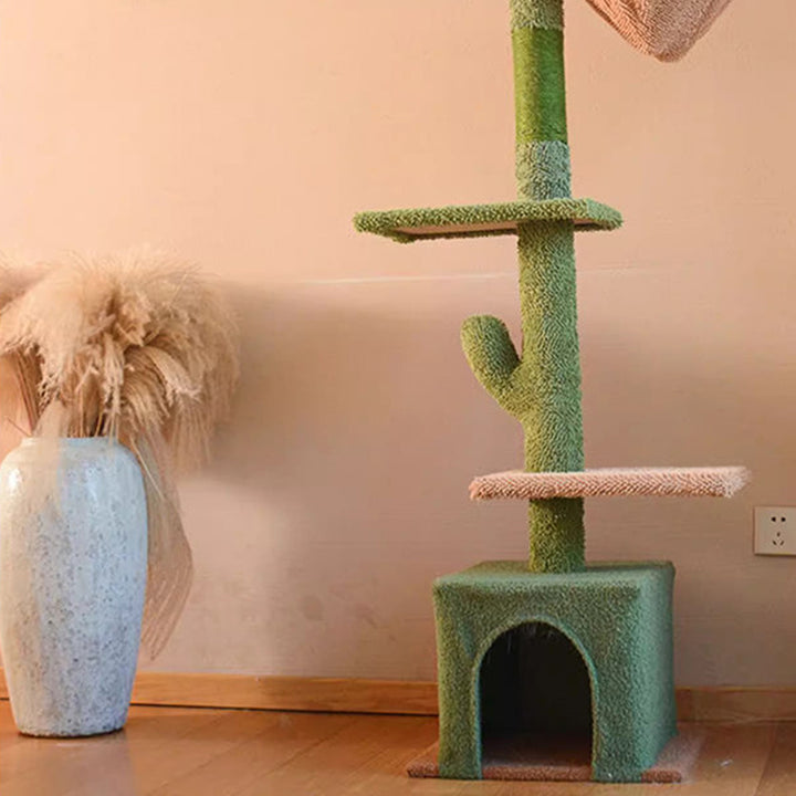 Árbol para gatos contemporáneo de partículas rectangulares de tela de terciopelo y tubo de papel de sisal con forma de cactus para sala de estar 