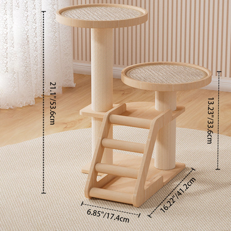Contemporary Scandinavian Round Rubberwood Solid Wood Sisal No-Assembly Cat Tree For Living Room