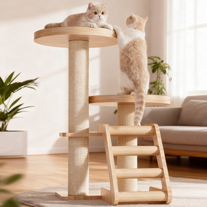Contemporary Scandinavian Round Rubberwood Solid Wood Sisal No-Assembly Cat Tree For Living Room