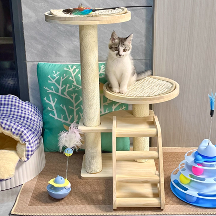 Contemporary Scandinavian Round Rubberwood Solid Wood Sisal No-Assembly Cat Tree For Living Room