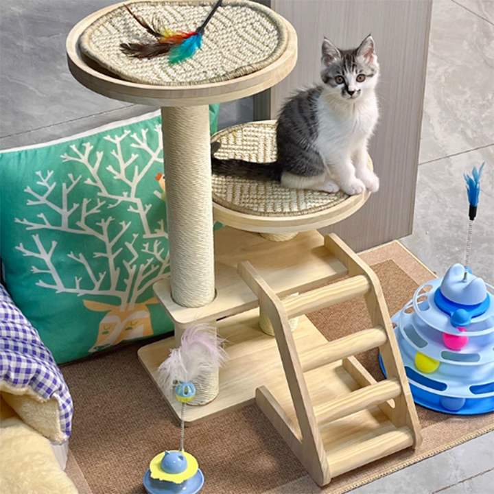 Contemporary Scandinavian Round Rubberwood Solid Wood Sisal No-Assembly Cat Tree For Living Room