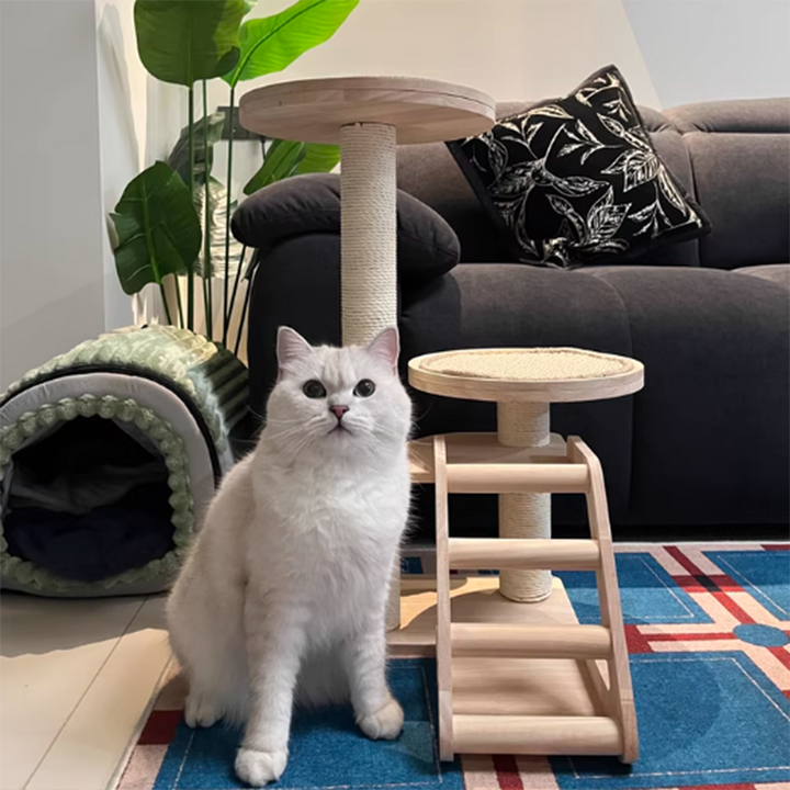 Contemporary Scandinavian Round Rubberwood Solid Wood Sisal No-Assembly Cat Tree For Living Room