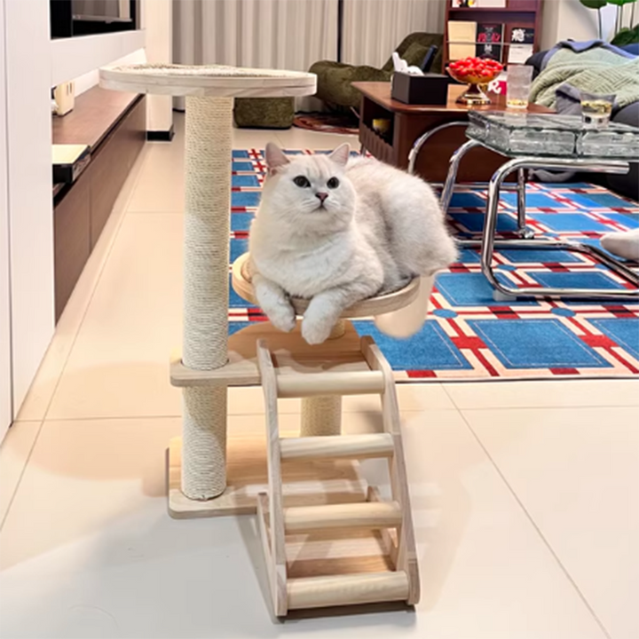Contemporary Scandinavian Round Rubberwood Solid Wood Sisal No-Assembly Cat Tree For Living Room