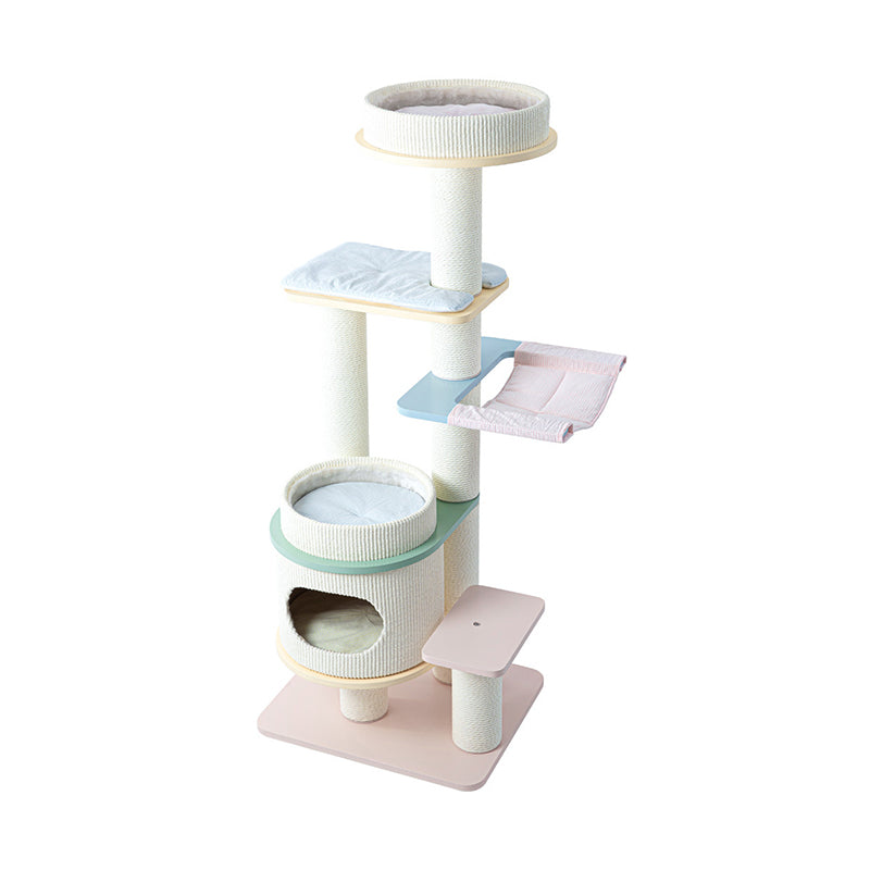 Zeitgenössischer skandinavischer runder mehrschichtiger Massivholzplatten-Faserplatten-Papierseil-Papierröhren-Kratzbaum mit 5 Ebenen für das Wohnzimmer 