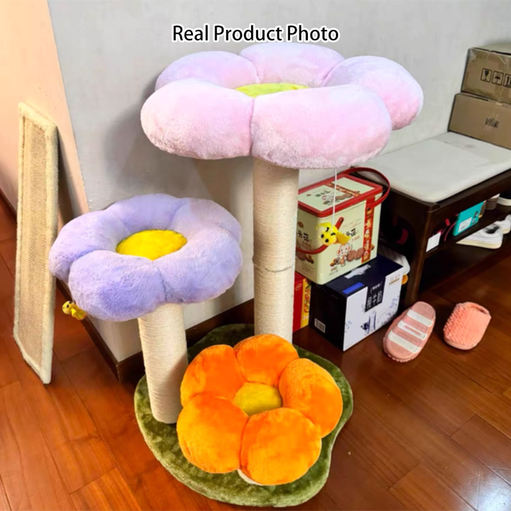 Zeitgenössischer skandinavischer runder Spanplatten-Kraftpapiertube-Sisal-Samtstoff-Blumen-Kratzbaum 3-stufig für Wohnzimmer 