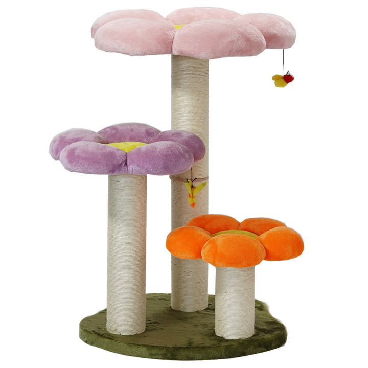 Zeitgenössischer skandinavischer runder Spanplatten-Kraftpapiertube-Sisal-Samtstoff-Blumen-Kratzbaum 3-stufig für Wohnzimmer 