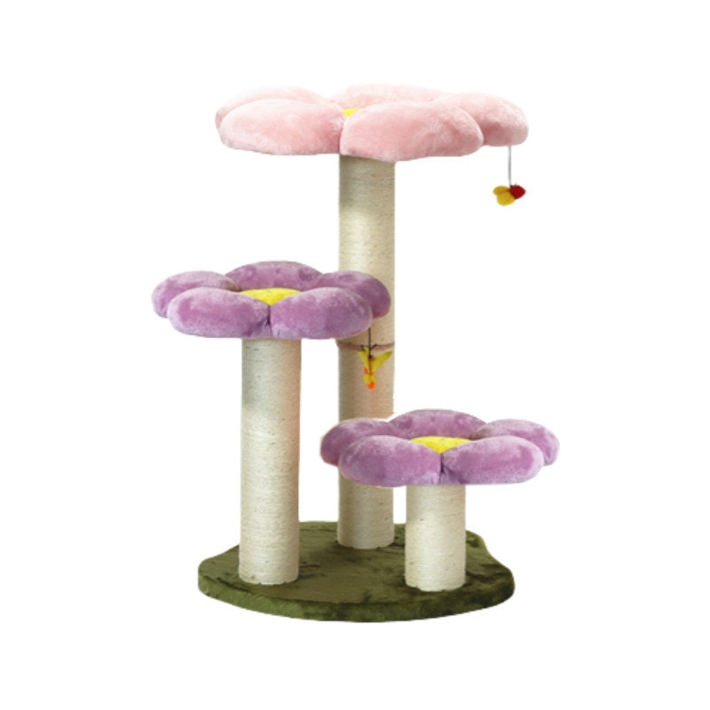 Zeitgenössischer skandinavischer runder Spanplatten-Kraftpapiertube-Sisal-Samtstoff-Blumen-Kratzbaum 3-stufig für Wohnzimmer 