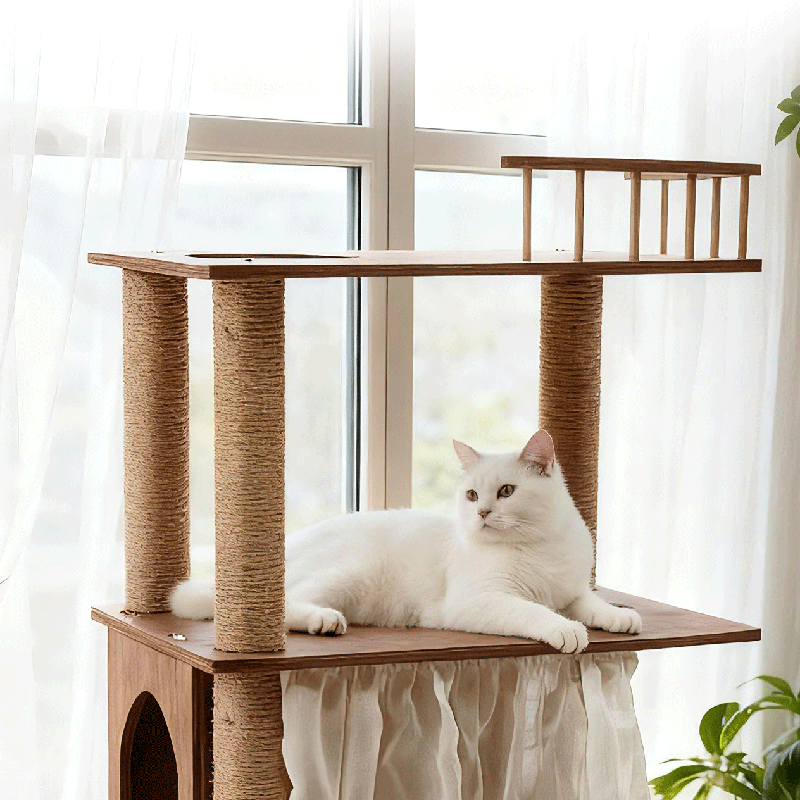 現代スカンジナビア長方形パイン無垢材柱多層無垢材パネル麻縄キャットツリー4段階リビングルーム用 