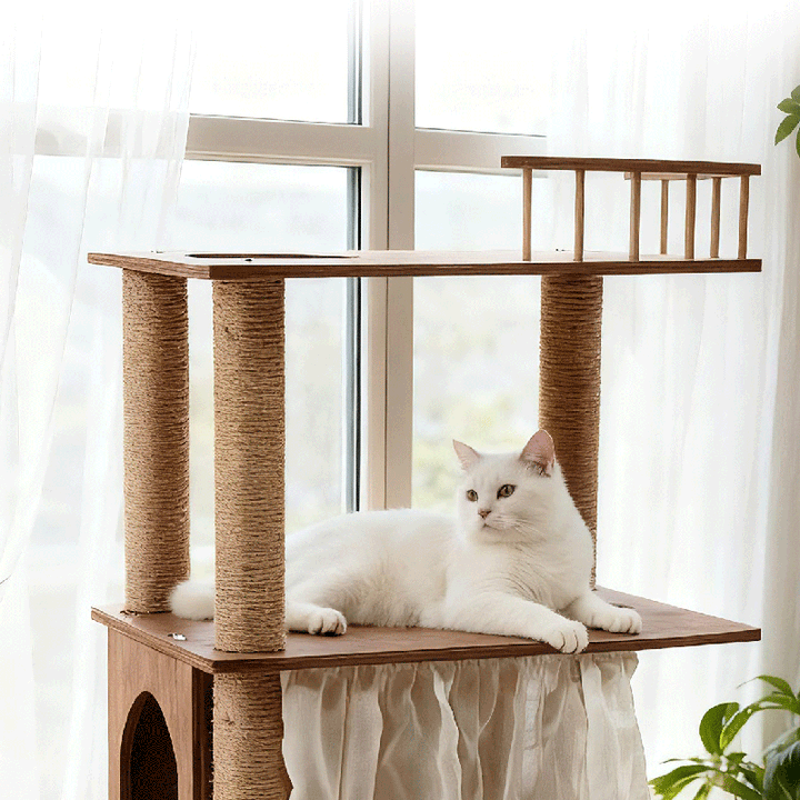 現代スカンジナビア長方形パイン無垢材柱多層無垢材パネル麻縄キャットツリー4段階リビングルーム用 