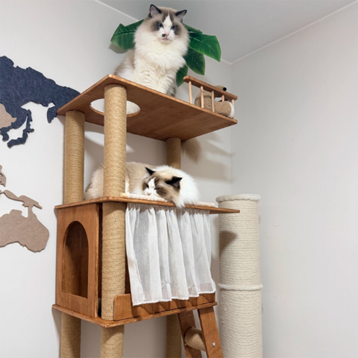 現代スカンジナビア長方形パイン無垢材柱多層無垢材パネル麻縄キャットツリー4段階リビングルーム用 