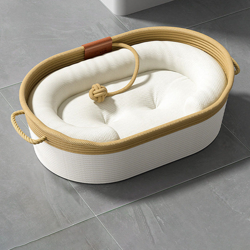 Cama para gatos tejida con cuerda de lino-algodón ovalada contemporánea escandinava para sala de estar y dormitorio 