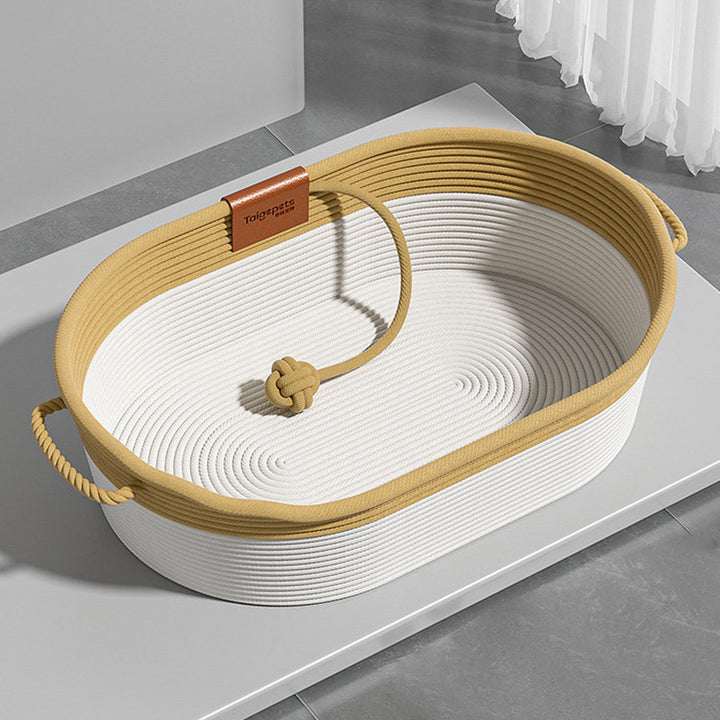 Cama para gatos tejida con cuerda de lino-algodón ovalada contemporánea escandinava para sala de estar y dormitorio 