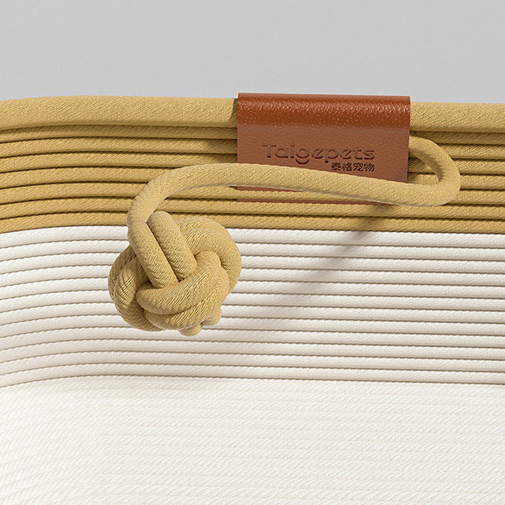 Cama para gatos tejida con cuerda de lino-algodón ovalada contemporánea escandinava para sala de estar y dormitorio 