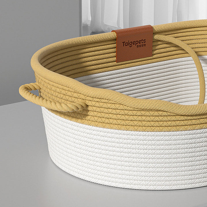 Cama para gatos tejida con cuerda de lino-algodón ovalada contemporánea escandinava para sala de estar y dormitorio 