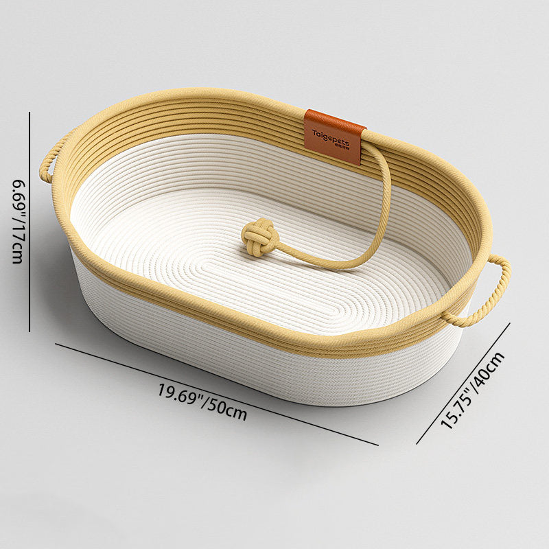Cama para gatos tejida con cuerda de lino-algodón ovalada contemporánea escandinava para sala de estar y dormitorio 