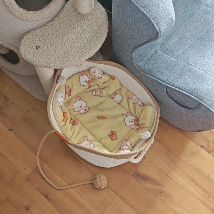 Cama para gatos tejida con cuerda de lino-algodón ovalada contemporánea escandinava para sala de estar y dormitorio 