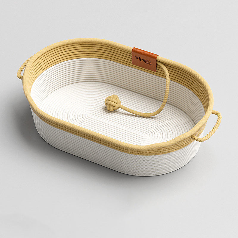 Cama para gatos tejida con cuerda de lino-algodón ovalada contemporánea escandinava para sala de estar y dormitorio 