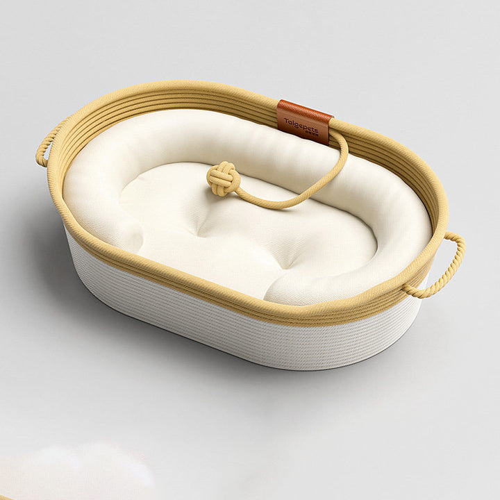 Cama para gatos tejida con cuerda de lino-algodón ovalada contemporánea escandinava para sala de estar y dormitorio 