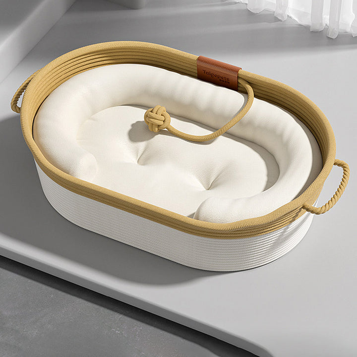 Cama para gatos tejida con cuerda de lino-algodón ovalada contemporánea escandinava para sala de estar y dormitorio 