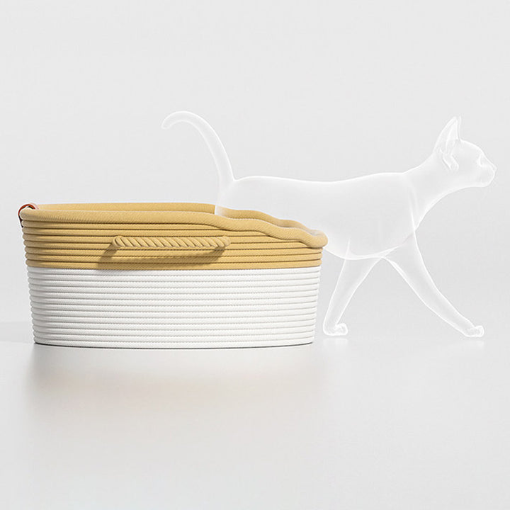 Cama para gatos tejida con cuerda de lino-algodón ovalada contemporánea escandinava para sala de estar y dormitorio 