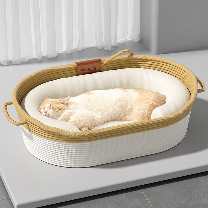 Cama para gatos tejida con cuerda de lino-algodón ovalada contemporánea escandinava para sala de estar y dormitorio 