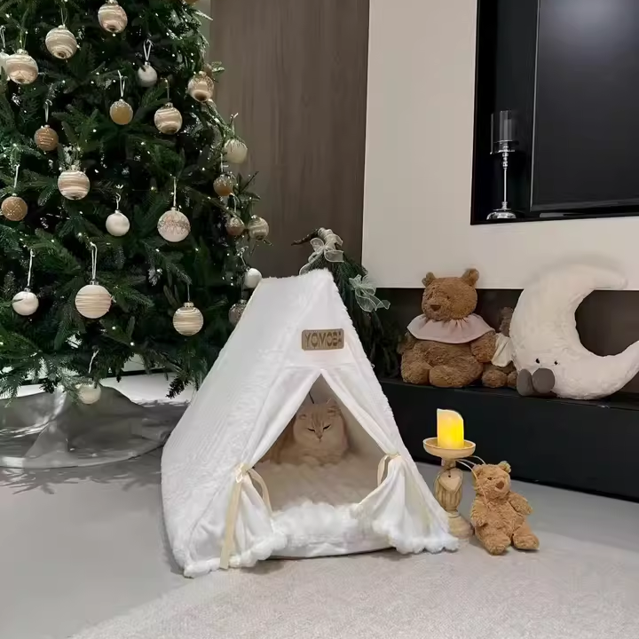 Contemporary Scandinavian Triangular Iron Velvet Fabric Foldable Cat Bed For Living Room &amp; Bedroom