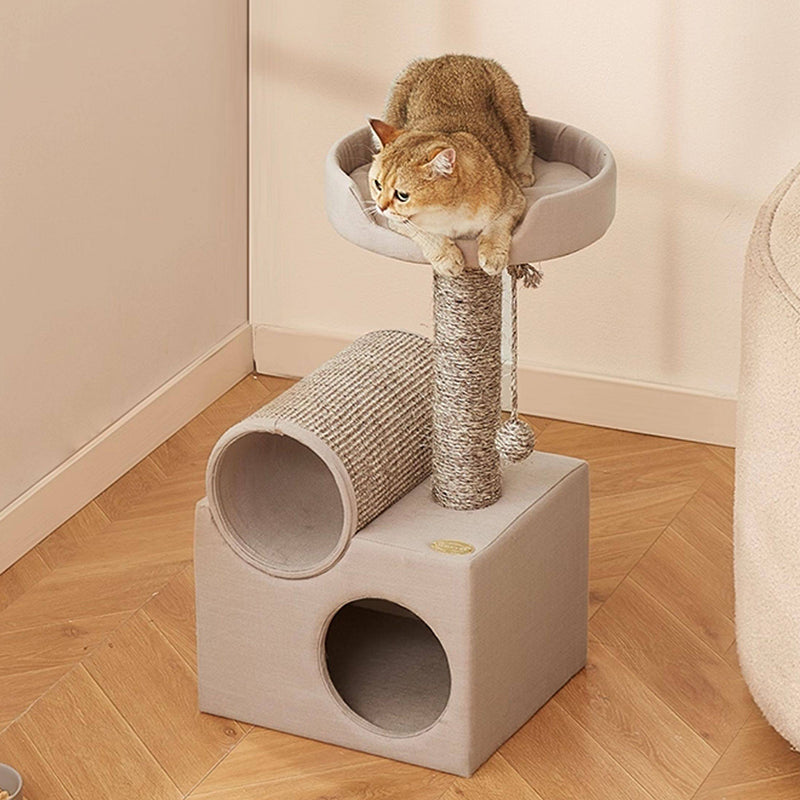 現代的なスカンジナビア風ラウンドパーティクルボードベルベット生地シサル紙管キャットツリー3段リビングルーム用 