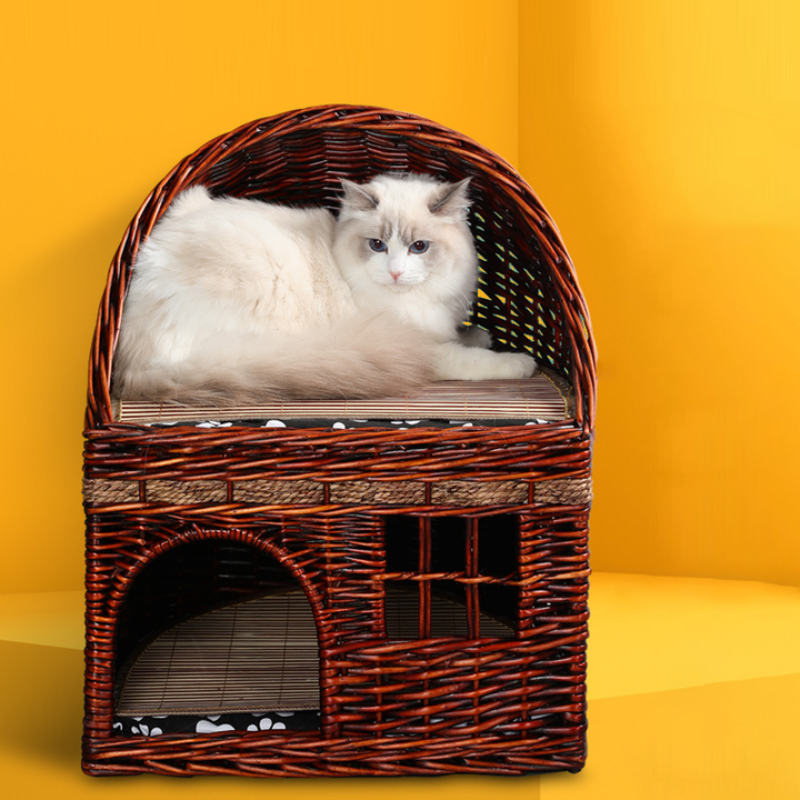 Traditional Farmhouse Half-Round Willow Hemp Rope Handwoven Cat Bed 2-Tier For Bedroom