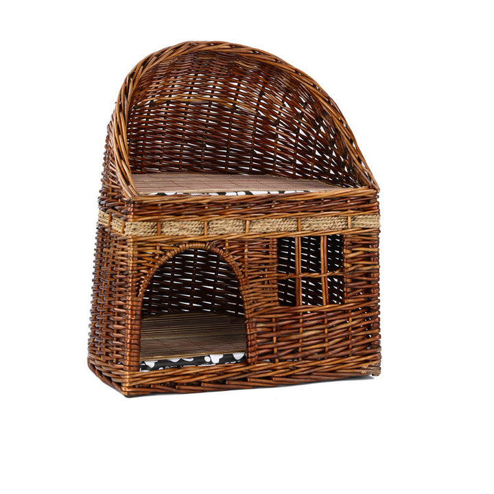 Traditional Farmhouse Half-Round Willow Hemp Rope Handwoven Cat Bed 2-Tier For Bedroom